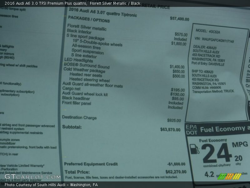 Florett Silver Metallic / Black 2016 Audi A6 3.0 TFSI Premium Plus quattro