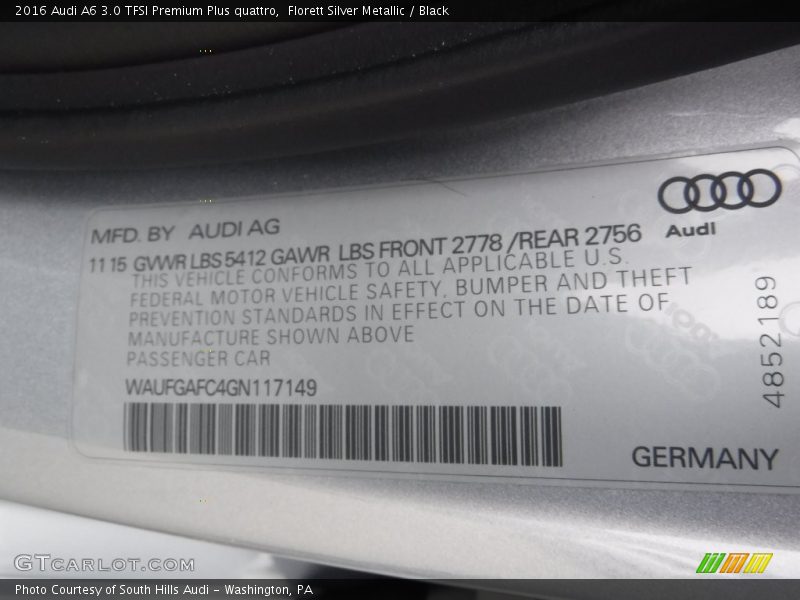 Florett Silver Metallic / Black 2016 Audi A6 3.0 TFSI Premium Plus quattro