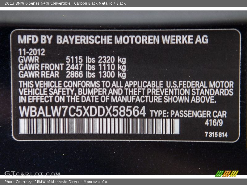 Carbon Black Metallic / Black 2013 BMW 6 Series 640i Convertible