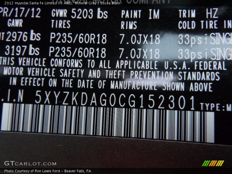 Mineral Gray / Cocoa Black 2012 Hyundai Santa Fe Limited V6 AWD