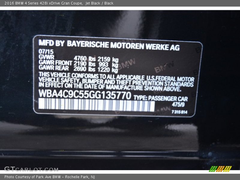 Jet Black / Black 2016 BMW 4 Series 428i xDrive Gran Coupe