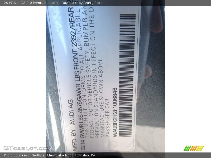 Daytona Gray Pearl / Black 2015 Audi A3 2.0 Premium quattro