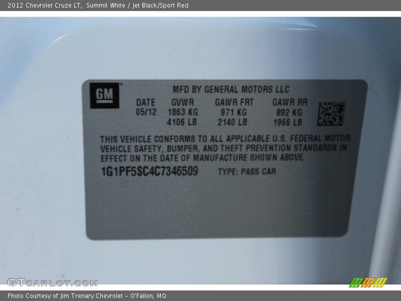 Summit White / Jet Black/Sport Red 2012 Chevrolet Cruze LT