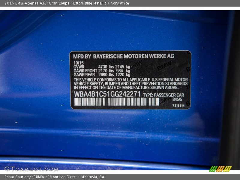 2016 4 Series 435i Gran Coupe Estoril Blue Metallic Color Code B45
