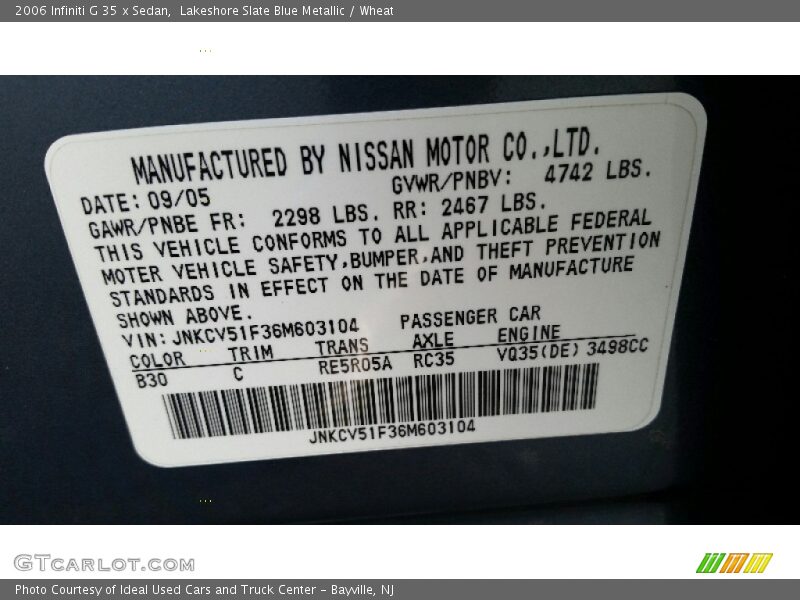 Lakeshore Slate Blue Metallic / Wheat 2006 Infiniti G 35 x Sedan