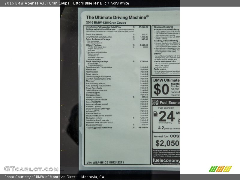  2016 4 Series 435i Gran Coupe Window Sticker