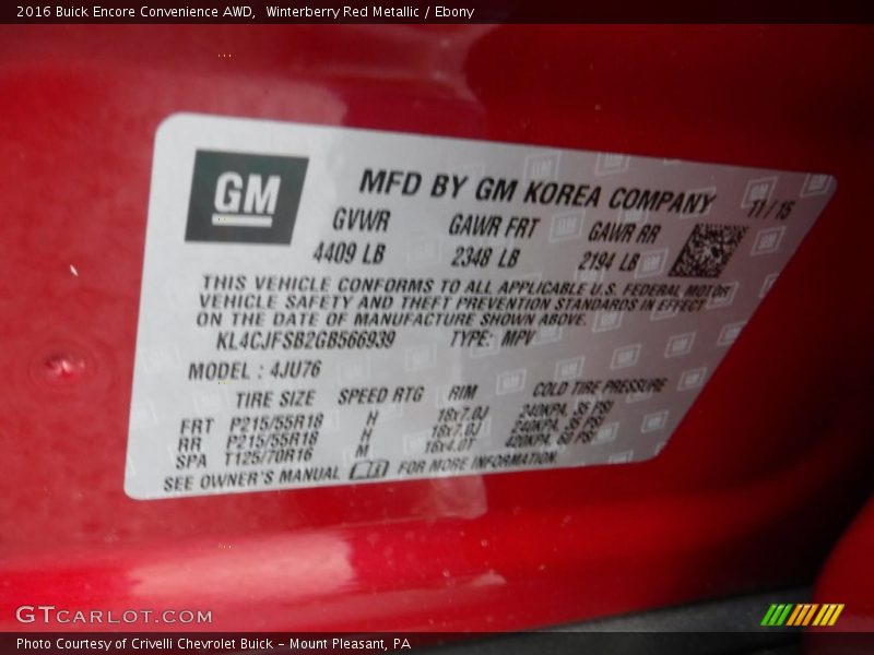 Winterberry Red Metallic / Ebony 2016 Buick Encore Convenience AWD