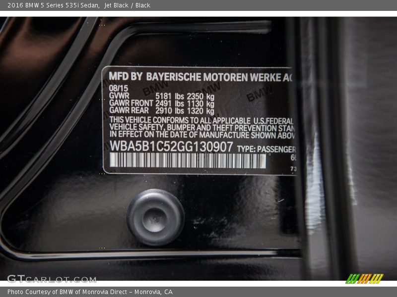 Jet Black / Black 2016 BMW 5 Series 535i Sedan