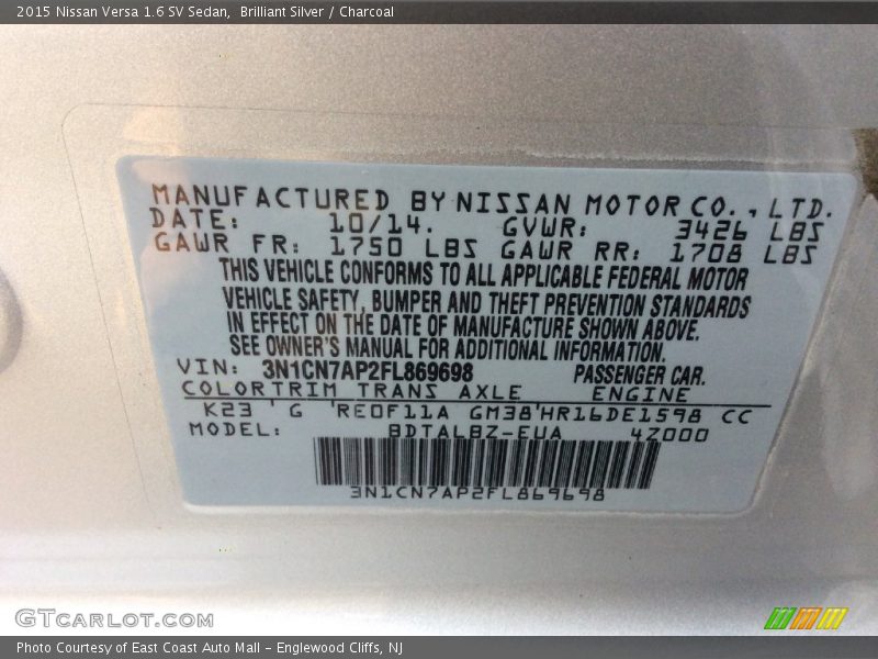 Brilliant Silver / Charcoal 2015 Nissan Versa 1.6 SV Sedan