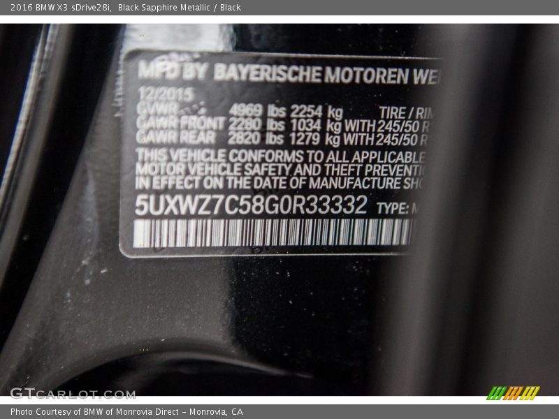Black Sapphire Metallic / Black 2016 BMW X3 sDrive28i