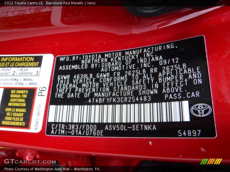 Barcelona Red Metallic / Ivory 2012 Toyota Camry LE