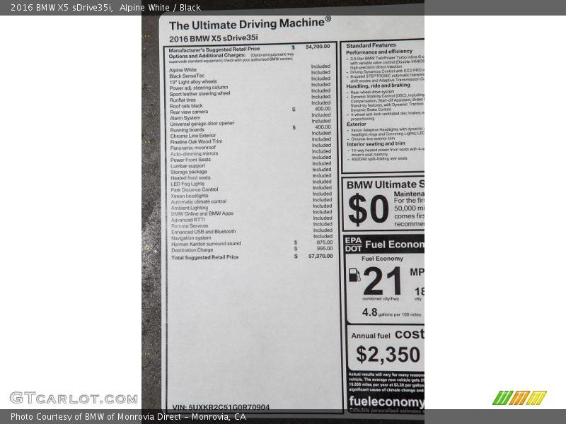  2016 X5 sDrive35i Window Sticker