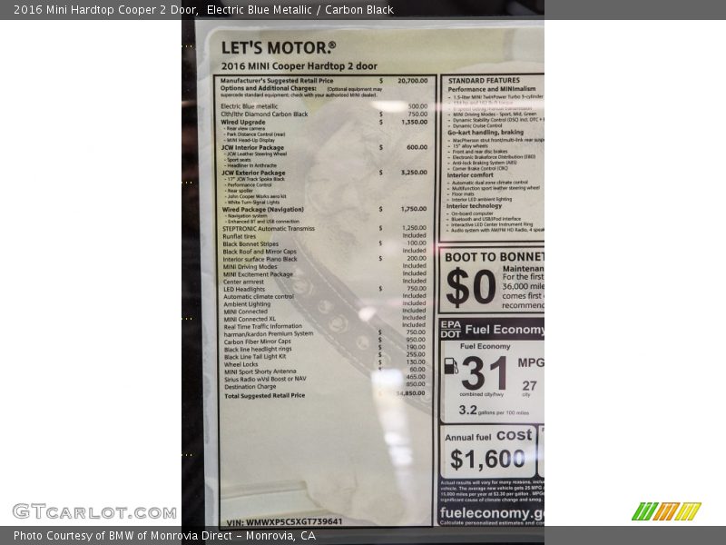 Electric Blue Metallic / Carbon Black 2016 Mini Hardtop Cooper 2 Door