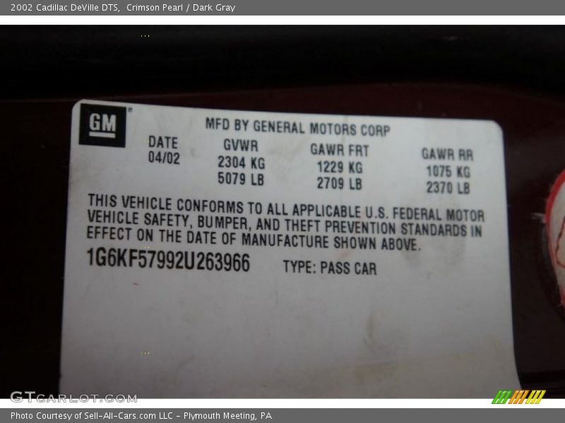 Crimson Pearl / Dark Gray 2002 Cadillac DeVille DTS
