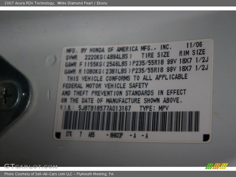 White Diamond Pearl / Ebony 2007 Acura RDX Technology
