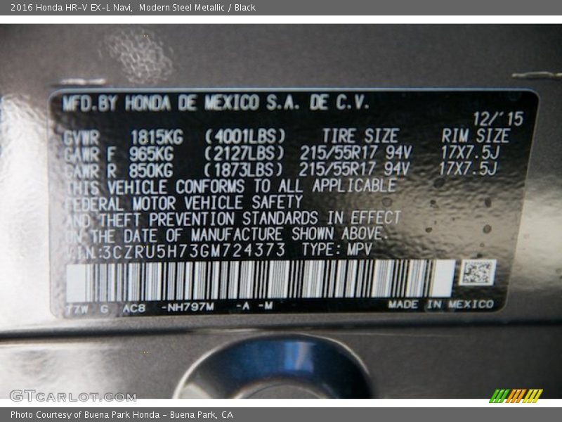 Modern Steel Metallic / Black 2016 Honda HR-V EX-L Navi