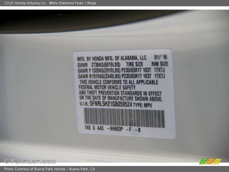 White Diamond Pearl / Beige 2016 Honda Odyssey LX