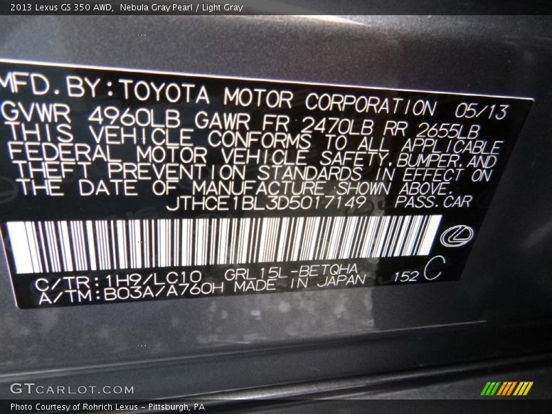 Nebula Gray Pearl / Light Gray 2013 Lexus GS 350 AWD