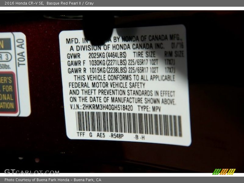 Basque Red Pearl II / Gray 2016 Honda CR-V SE