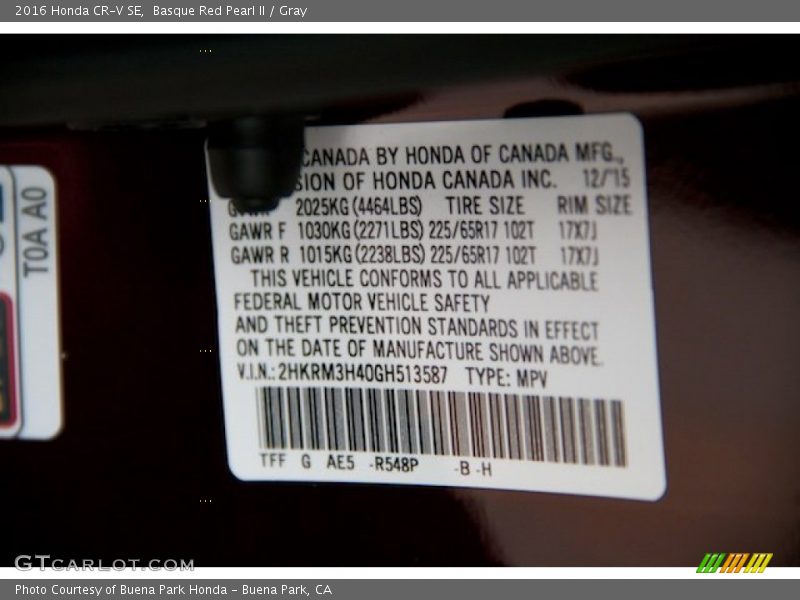 Basque Red Pearl II / Gray 2016 Honda CR-V SE
