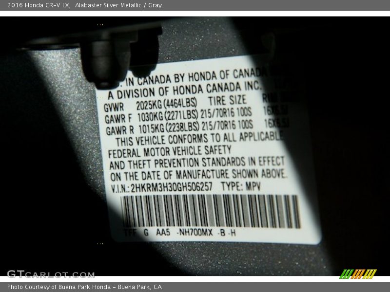 Alabaster Silver Metallic / Gray 2016 Honda CR-V LX