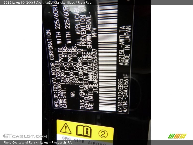 2016 NX 200t F Sport AWD Obsidian Black Color Code 212