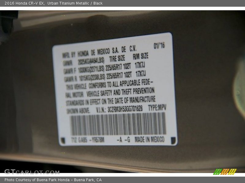 Urban Titanium Metallic / Black 2016 Honda CR-V EX