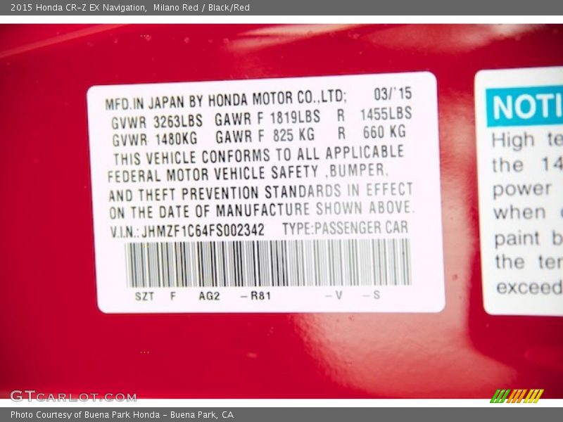 Milano Red / Black/Red 2015 Honda CR-Z EX Navigation