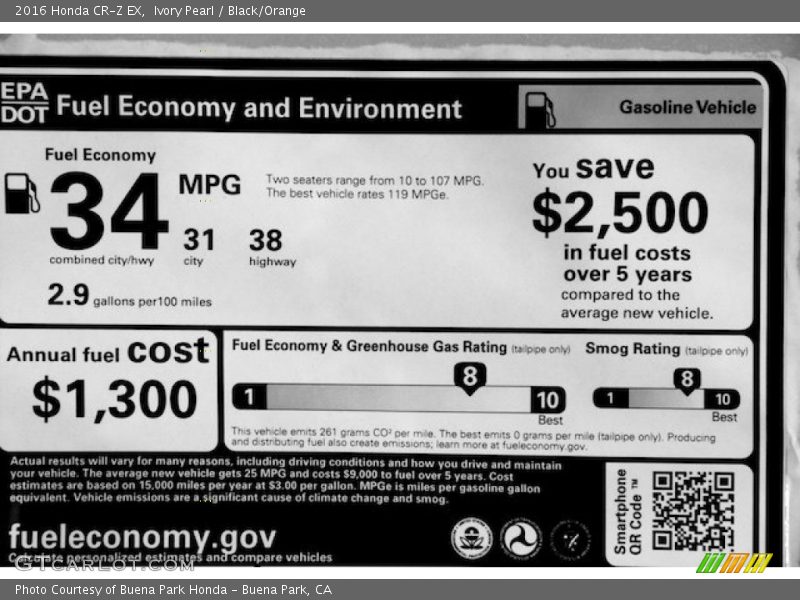  2016 CR-Z EX Window Sticker