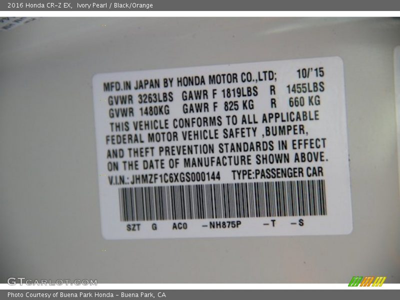 2016 CR-Z EX Ivory Pearl Color Code NH875P