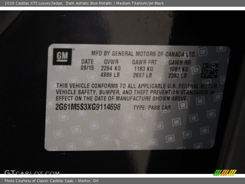 Dark Adriatic Blue Metallic / Medium Titanium/Jet Black 2016 Cadillac XTS Luxury Sedan