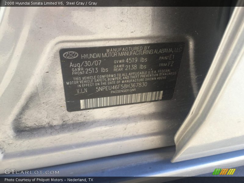 Steel Gray / Gray 2008 Hyundai Sonata Limited V6