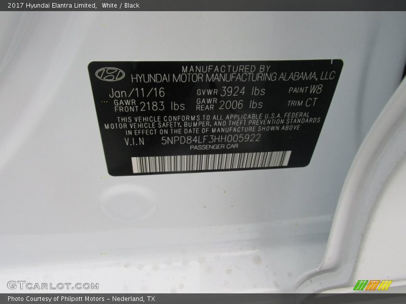 2017 Elantra Limited White Color Code W8