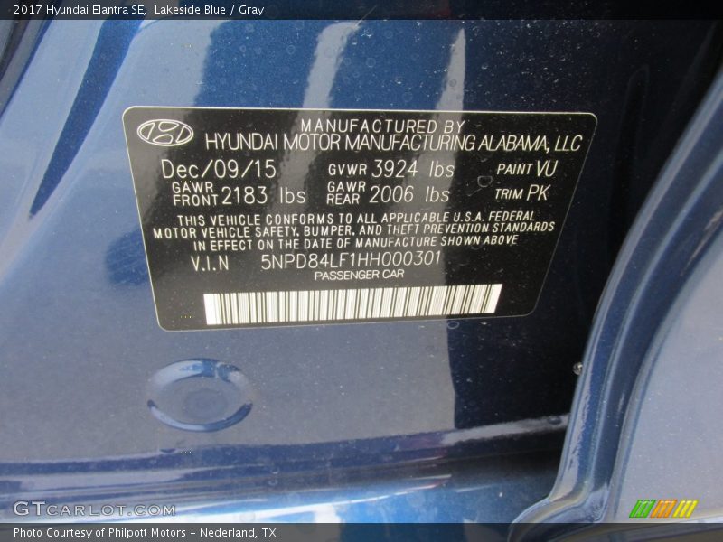 Lakeside Blue / Gray 2017 Hyundai Elantra SE