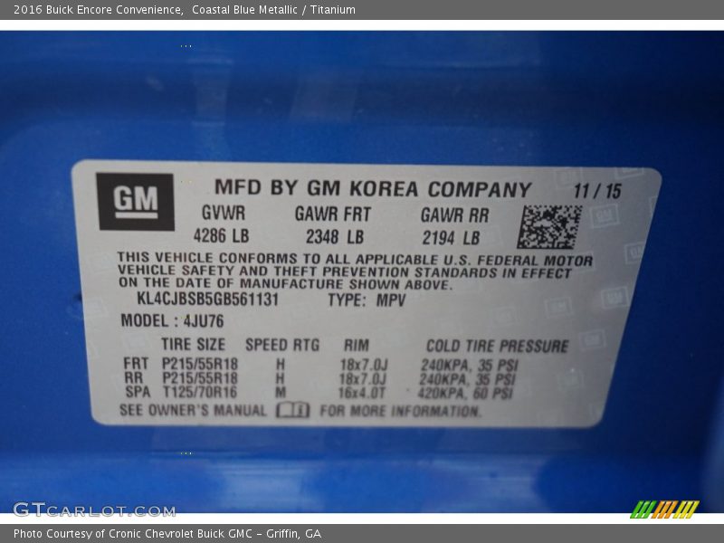 Coastal Blue Metallic / Titanium 2016 Buick Encore Convenience