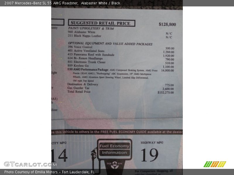  2007 SL 55 AMG Roadster Window Sticker