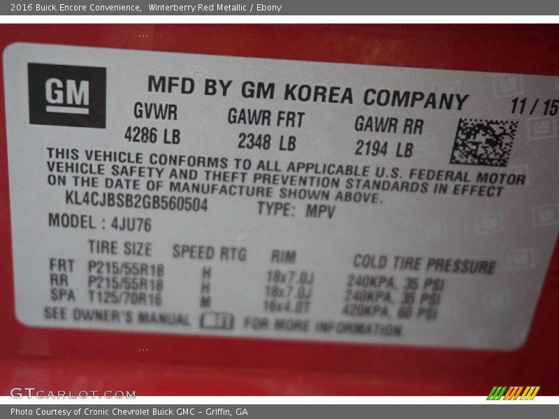 Winterberry Red Metallic / Ebony 2016 Buick Encore Convenience
