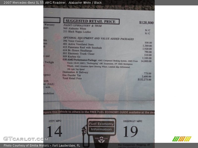  2007 SL 55 AMG Roadster Window Sticker