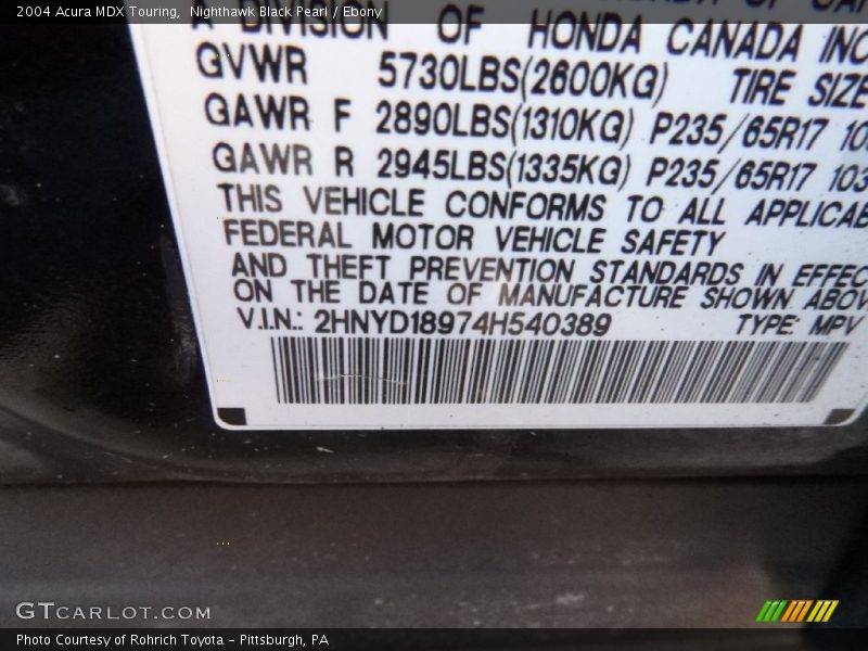 Nighthawk Black Pearl / Ebony 2004 Acura MDX Touring