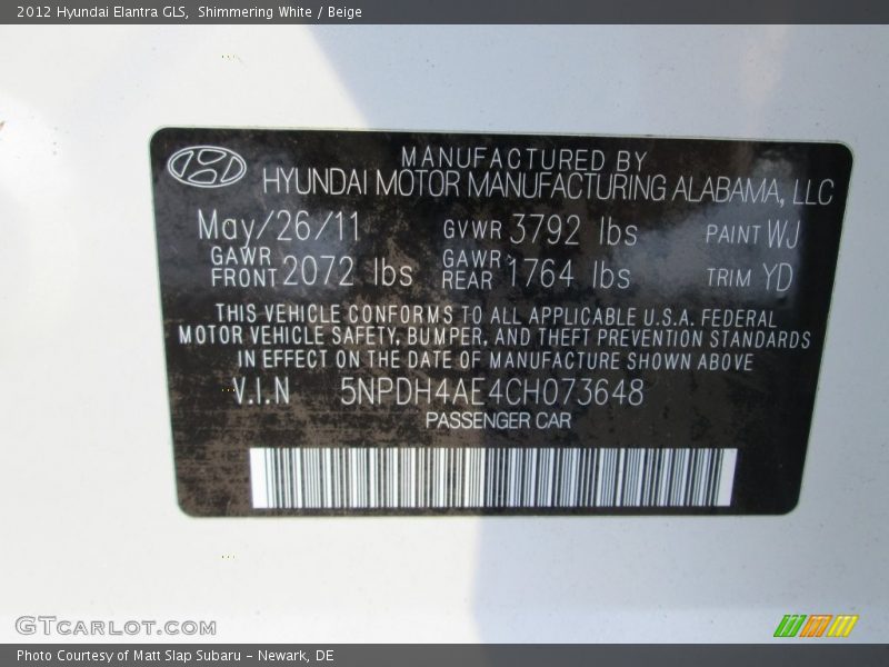 Shimmering White / Beige 2012 Hyundai Elantra GLS