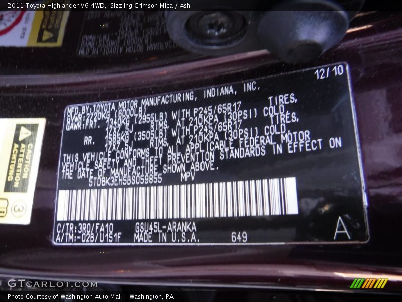 Sizzling Crimson Mica / Ash 2011 Toyota Highlander V6 4WD