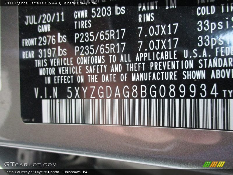 Mineral Gray / Gray 2011 Hyundai Santa Fe GLS AWD