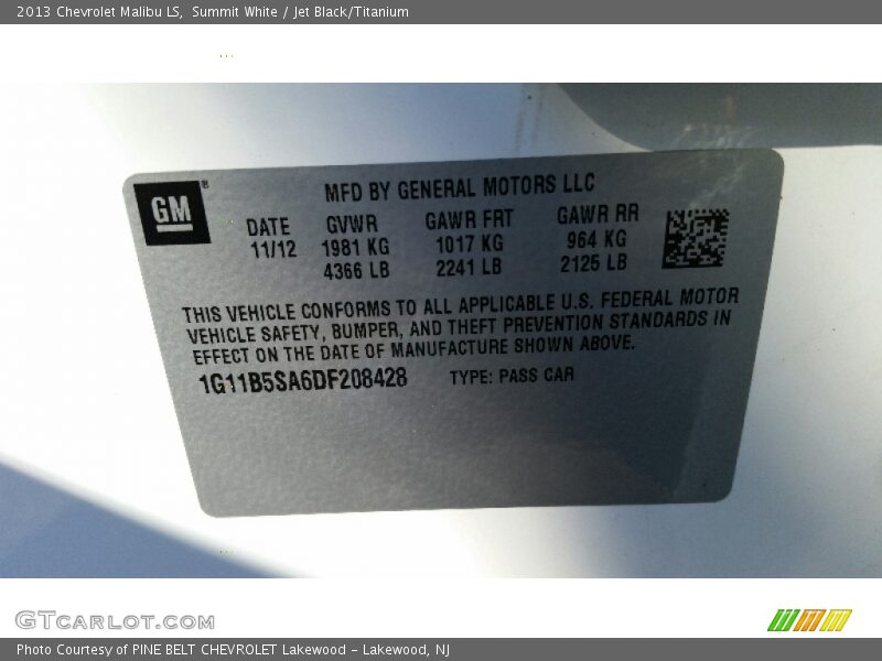 Summit White / Jet Black/Titanium 2013 Chevrolet Malibu LS