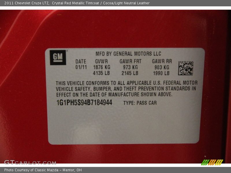 Crystal Red Metallic Tintcoat / Cocoa/Light Neutral Leather 2011 Chevrolet Cruze LTZ