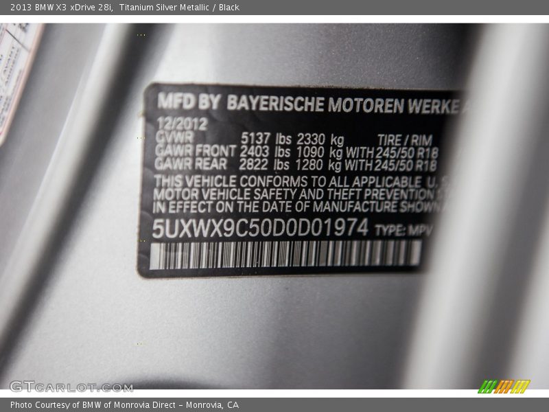 Titanium Silver Metallic / Black 2013 BMW X3 xDrive 28i