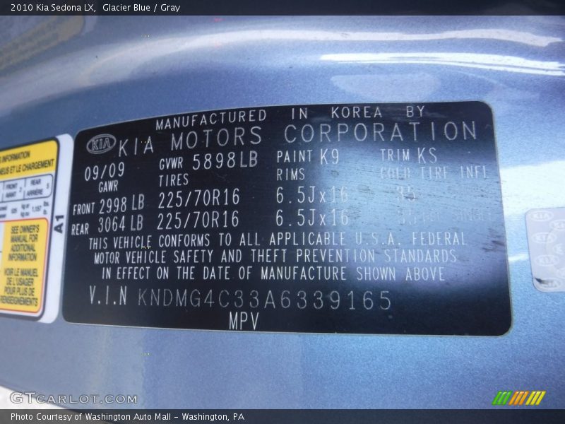 Glacier Blue / Gray 2010 Kia Sedona LX