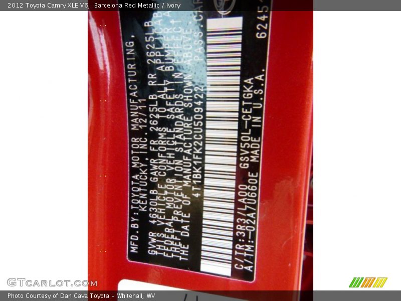 Barcelona Red Metallic / Ivory 2012 Toyota Camry XLE V6