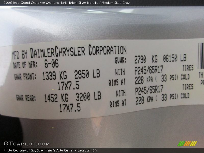 Bright Silver Metallic / Medium Slate Gray 2006 Jeep Grand Cherokee Overland 4x4