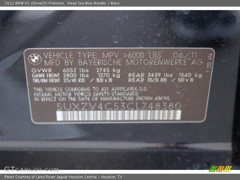 Deep Sea Blue Metallic / Black 2012 BMW X5 xDrive35i Premium