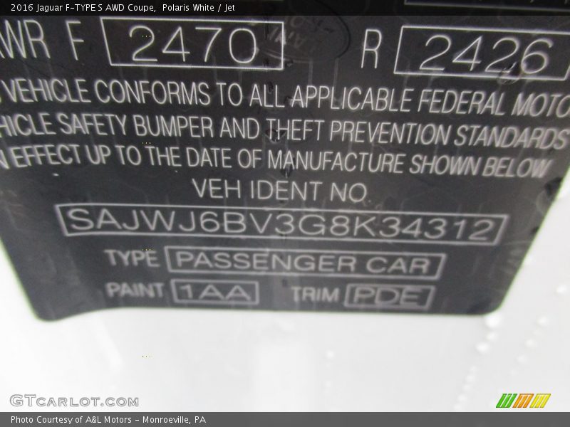 2016 F-TYPE S AWD Coupe Polaris White Color Code 1AA